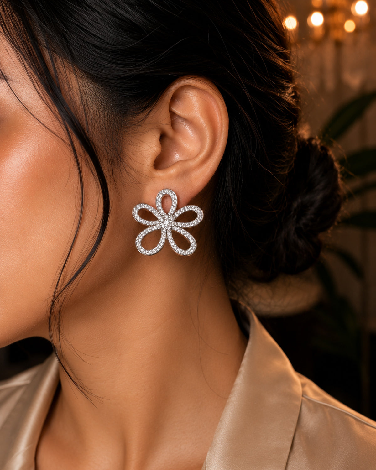 Rhinestone studded flower earrings