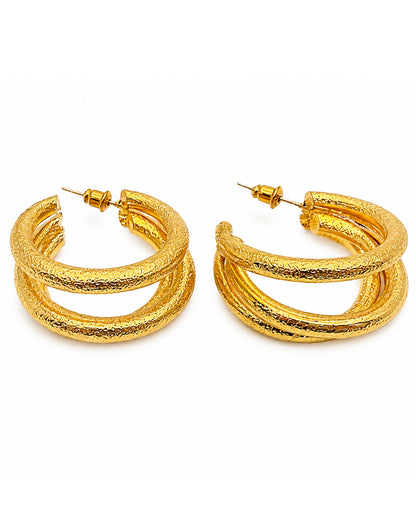 Triple band golden hoops