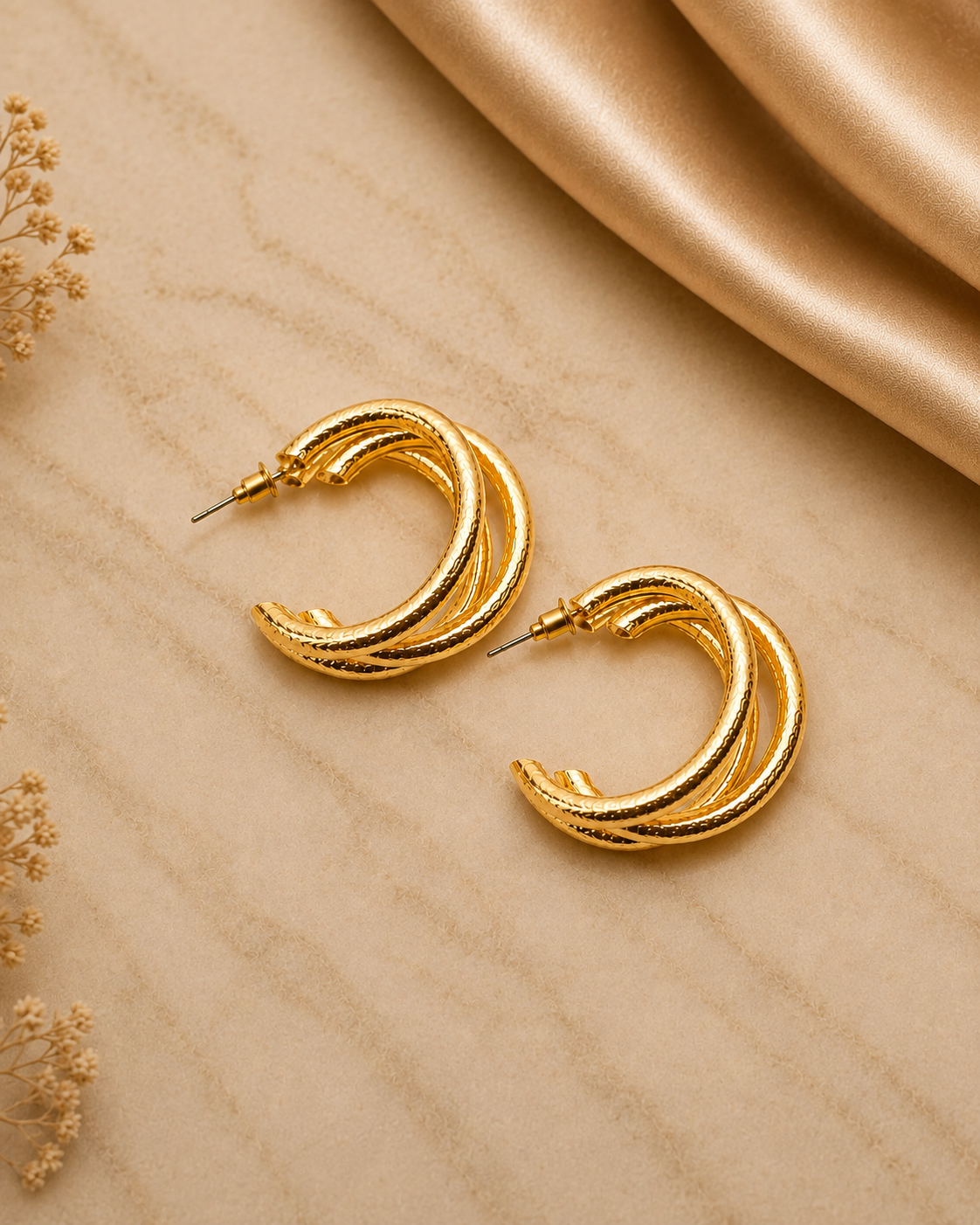 Triple band golden hoops